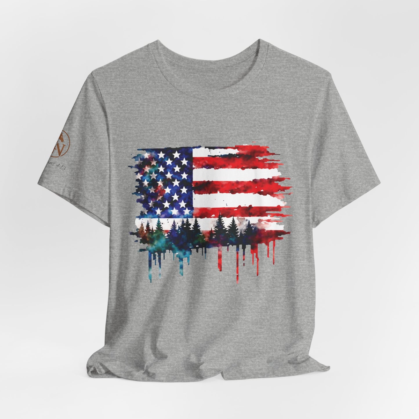 Watercolor American Flag Shirt | Patriotic Forest Tee | USA Flag with Trees | Rustic Nature Patriotic Shirt | Veteran Pride Apparel